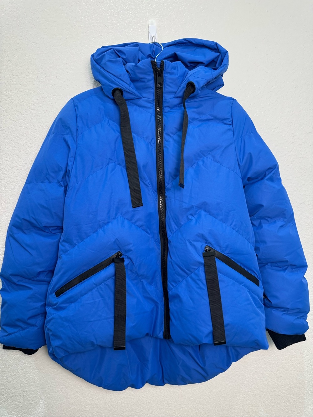 Saint & Sinner Womens L Blue Hooded Puffer Jacket Quilted High Low Coat UK 14